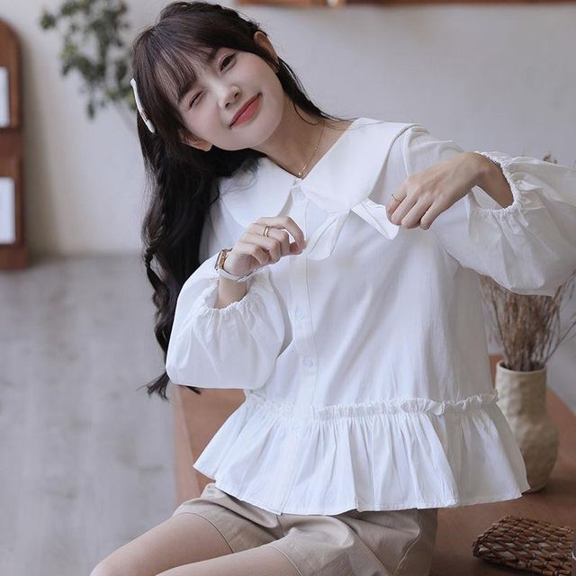 Fabricino Collared Plain Ruffle Trim Blouse YesStyle