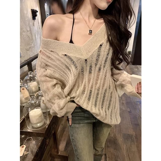 HYAKU-Long Sleeve V-Neck Plain Knit Top