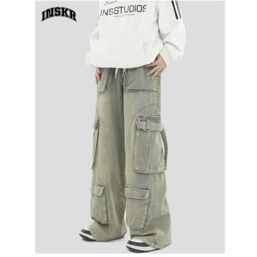 Mid Rise Washed Wide Leg Cargo Jeans