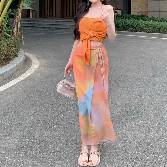 Egsy High Waist Tie Dye Maxi Pencil Skirt Plain Knot Cropped