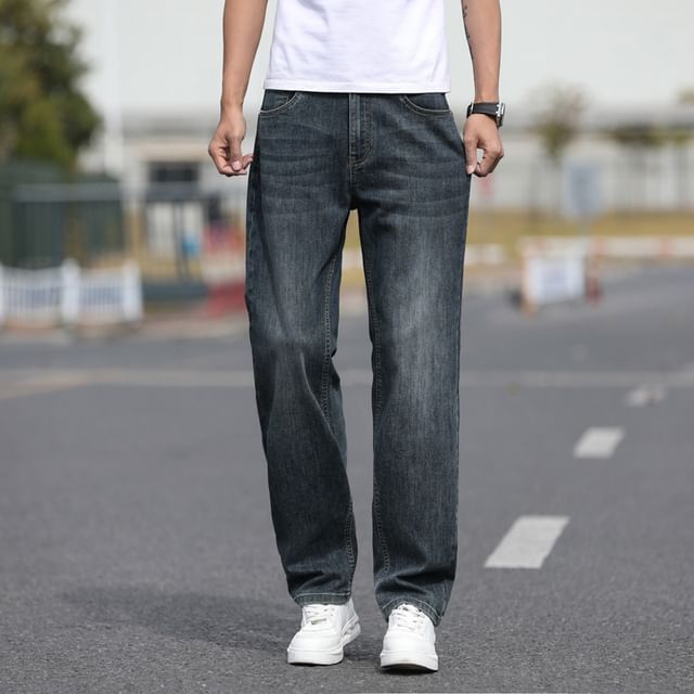 Denimic-Mid Rise Washed Straight Leg Jeans