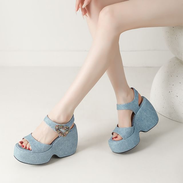 Megan-Platform Wedge Rhinestone Accent Denim Sandals