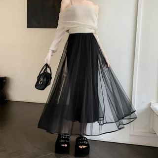 Juuri-High Waist Plain Mesh Panel Maxi A-Line Skirt