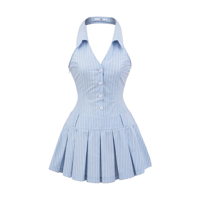 Asiris-Halter Open Back Button Pleated Mini A-Line Dress