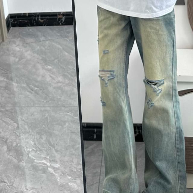 Zentrus-Mid Rise Distressed Washed Flared Jeans