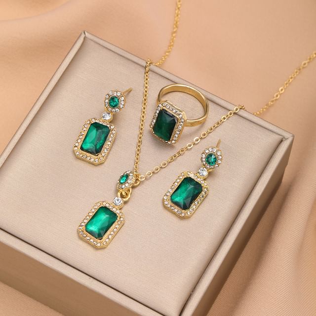 Gemsha-Set Rhinestone Pendant Alloy Necklace Ring Drop Earring