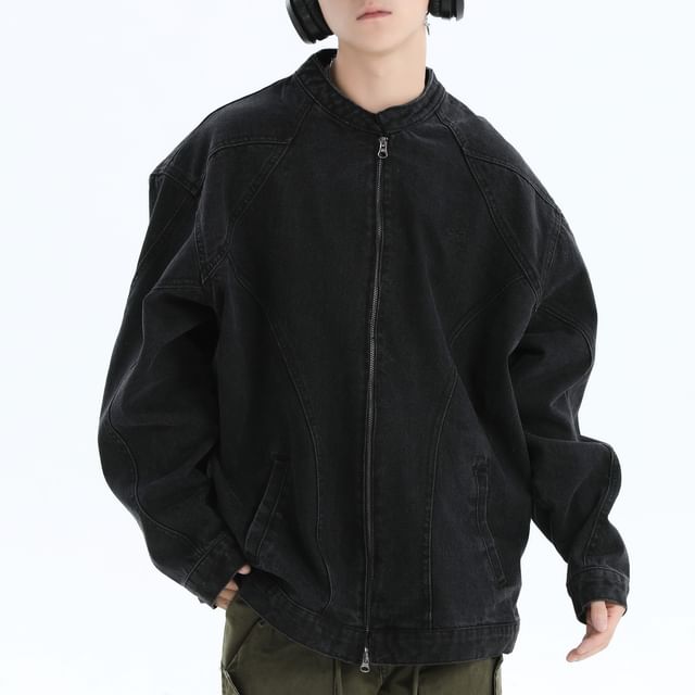 INStudio-Couple Matching Band Collar Washed Panel Zip Denim Jacket