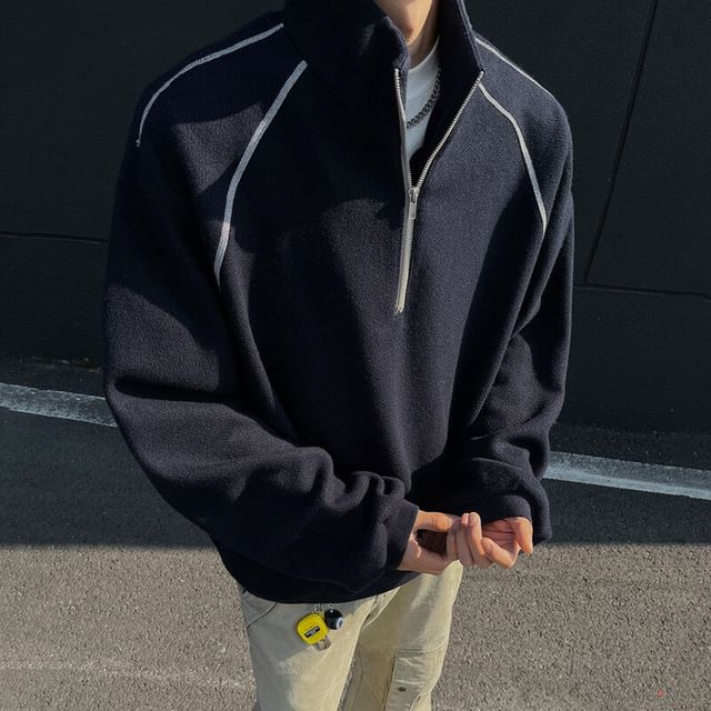 VEAZ-Raglan-Sleeve Mock Neck Two Tone Half-Zip Sweatshirt