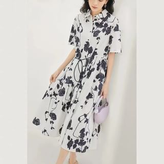 Jeonseon Short-Sleeve Floral Print Midi A-Line Polo Dress