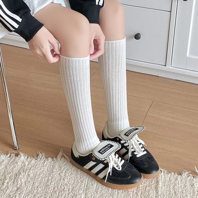 MOGLA-Plain Ribbed Knee High Socks