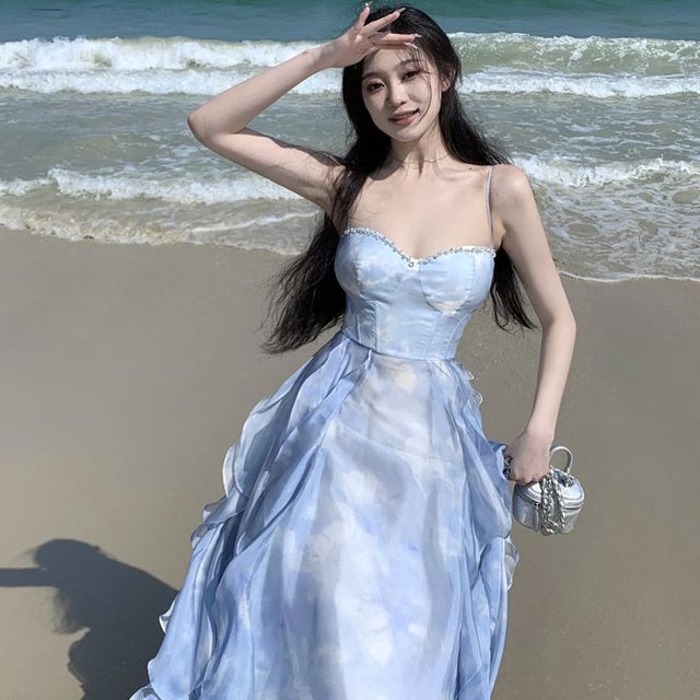 Moanum-Spaghetti Strap Sweetheart Neckline Ruffle Plain Maxi A-Line Dress