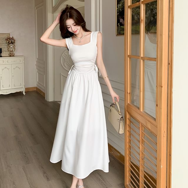Odestra-Sleeveless Square Neck Plain Drawstring Midi A-Line Dress