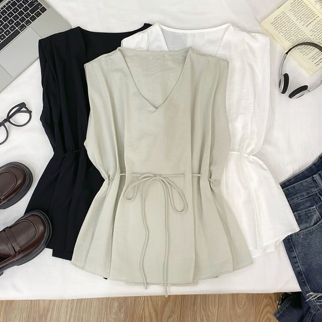 Iasia-Sleeveless V-Neck Plain Drawstring Waist Top