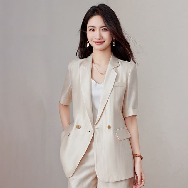 Skyheart-Elbow-Sleeve Lapel Collar Plain Double Breasted Blazer High Waist Plain Shorts Set
