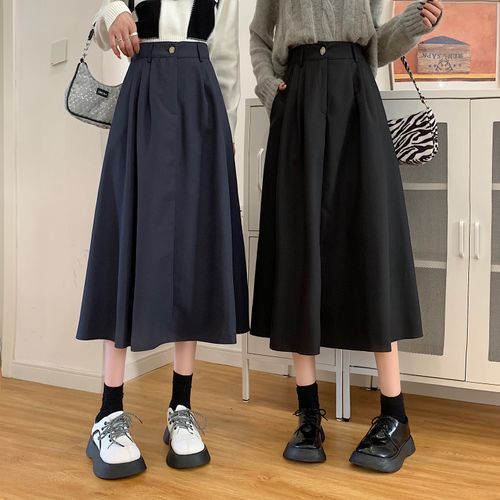 Yako High Rise A Line Plain Midi Skirt YesStyle