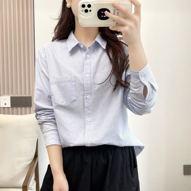 PANDAGO-Long-Sleeve Striped Button-Up Shirt