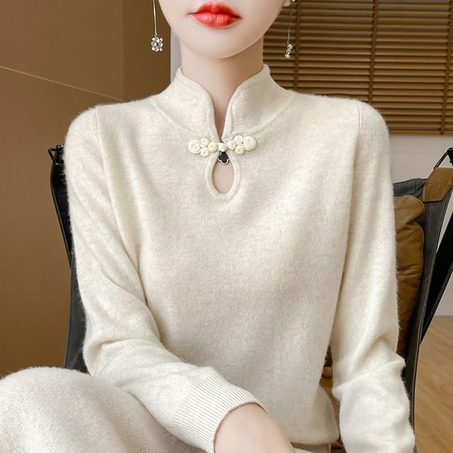 Weelop-Long Sleeve Mock Neck Keyhole Plain Sweater