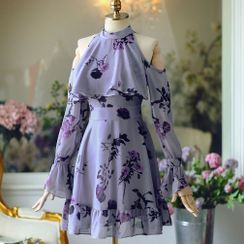 Shima - Cold-Shoulder Floral Print A-Line Dress