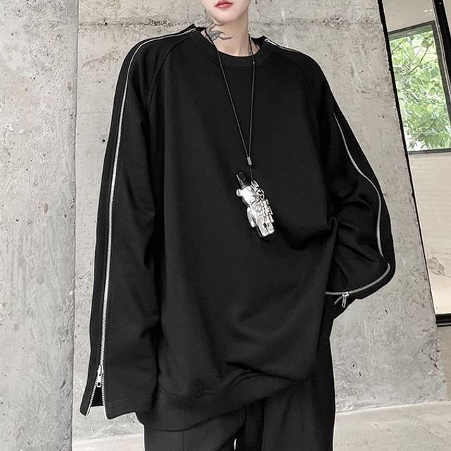 ravewider-Crew Neck Zip Accent Plain Sweatshirt