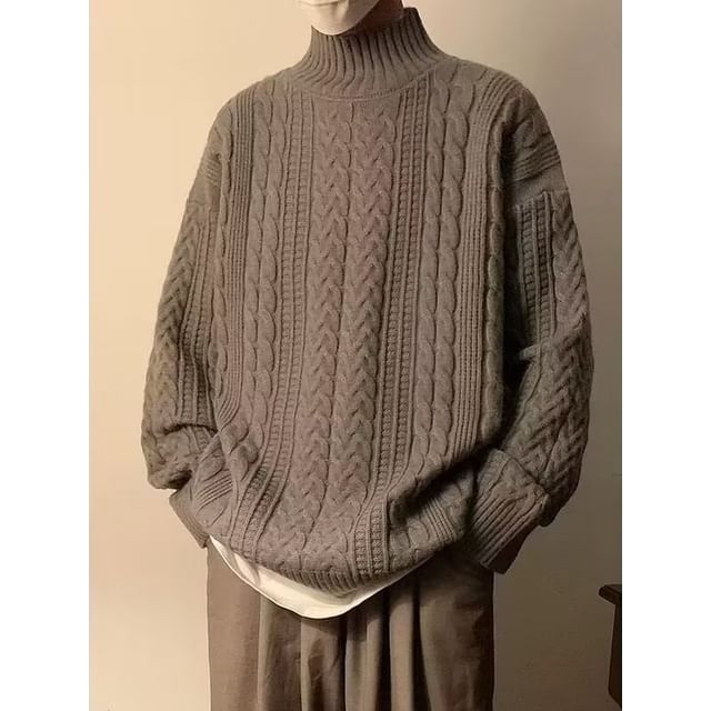 DuckleBeam-Mock Neck Plain Cable Knit Oversized Sweater