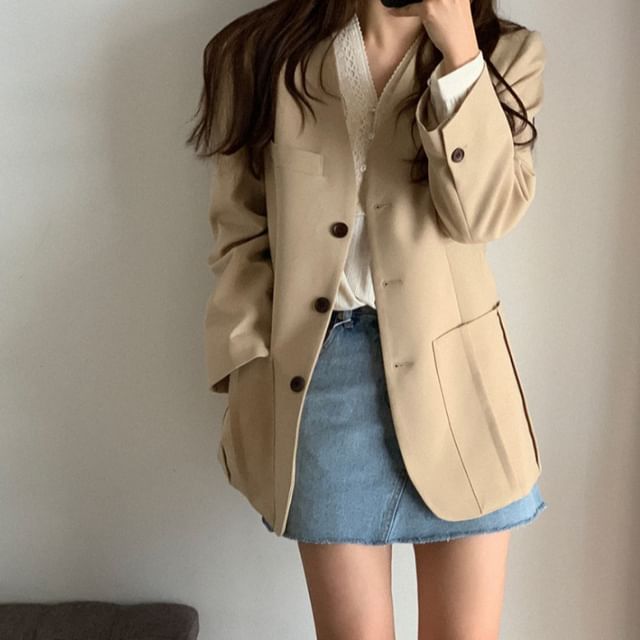 MIKIGA-Collarless Plain Single-Breasted Blazer