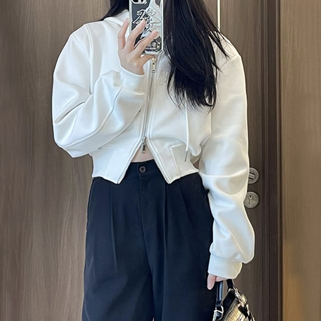 Amyway-Hooded Plain Zip-Up Crop Jacket