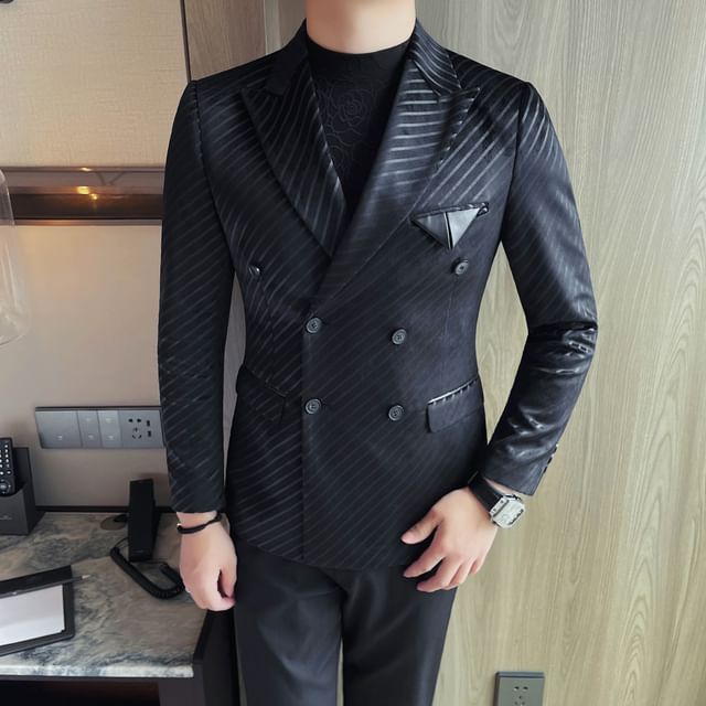 Blueforce-Peak Lapel Striped Double-Breasted Blazer