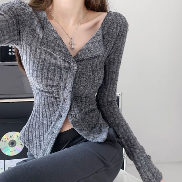 Yako-Long-Sleeve Plain Button-Up Ribbed T-Shirt