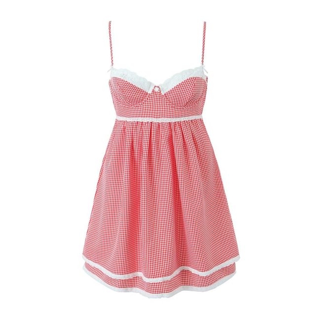 knee length dresses for ladies Charming Red and White Plaid Lace Trim Bodycon Mini Dress for Spring a –  Canary Houze