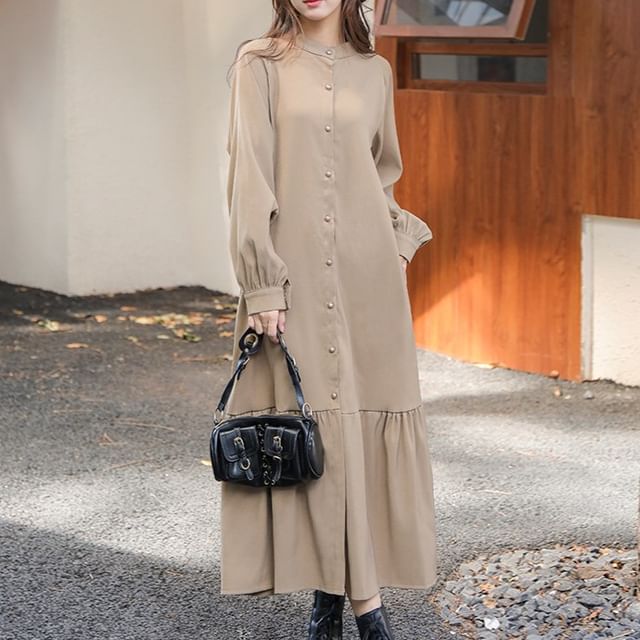 Brondia Long-Sleeve Stand Collar Plain Button-Up Maxi Tunic