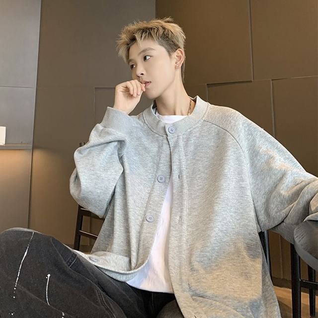 Diphon-Round Neck Plain Fleece-Lined Button Jacket
