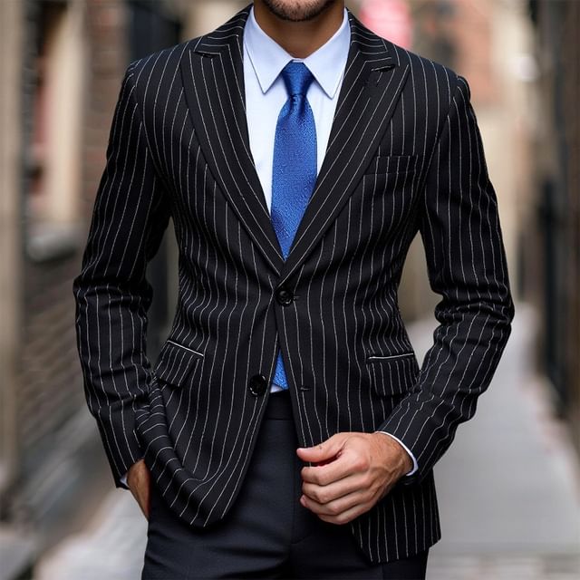 Blueforce-Lapel Collar Pinstriped Single Breasted Blazer