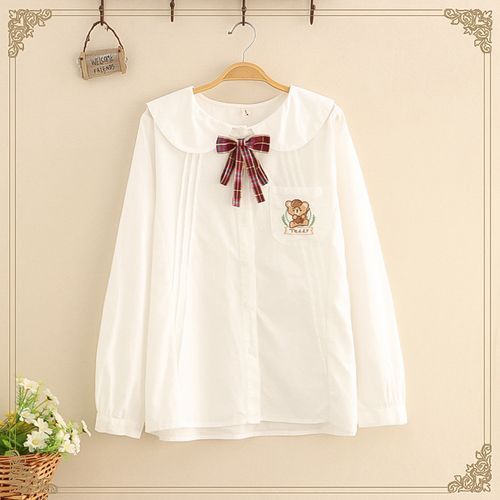 Kawaii Fairyland - Long Sleeve Bear Embroidered Peter Pan Collar Shirt