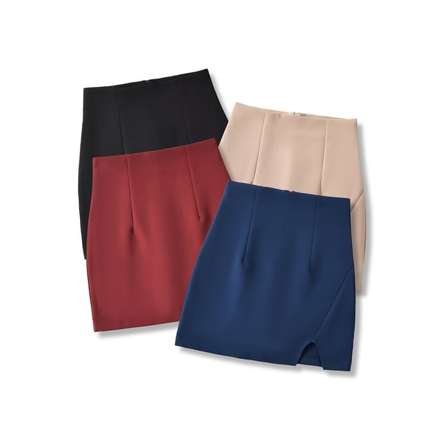 Asiris-High Rise Plain Slit Mini Pencil Skirt