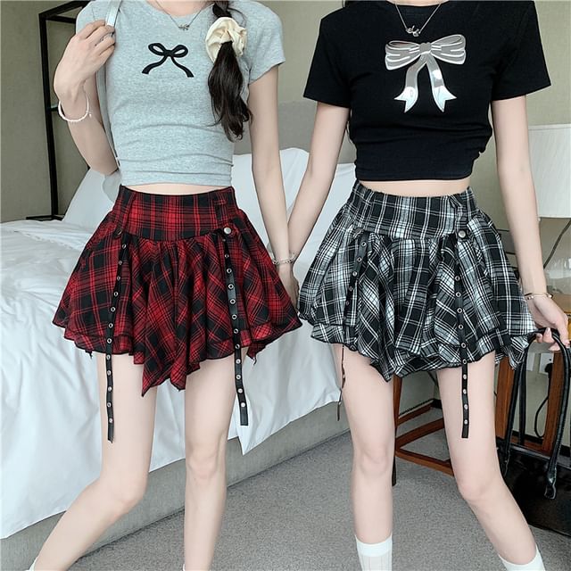 monroll-High Rise Plaid Mini Pleated Skirt