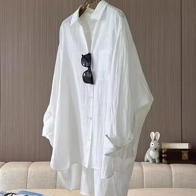 Everose-Long-Sleeve Plain Button-Up Oversized High Low Shirt