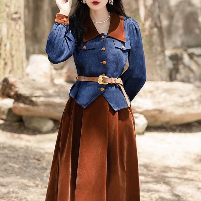 Yolandus - Set: Collared Panel Corduroy Button Denim Jacket + High Waist  Plain Corduroy Midi A-Line Skirt + Belt | YesStyle