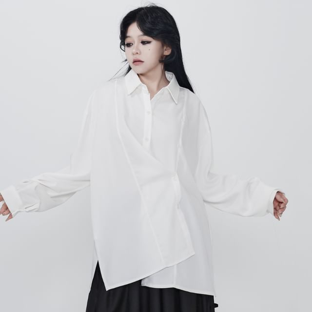 Ravenstem-Long-Sleeve Collared Plain Asymmetrical Buttoned Slit Blouse