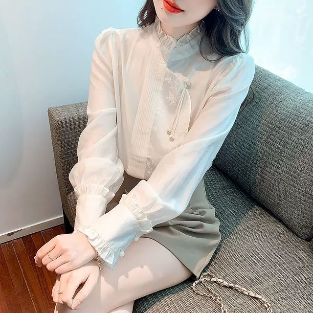 Dragan Pulse-Long-Sleeve Stand Collar Frill Trim Frog Button Blouse