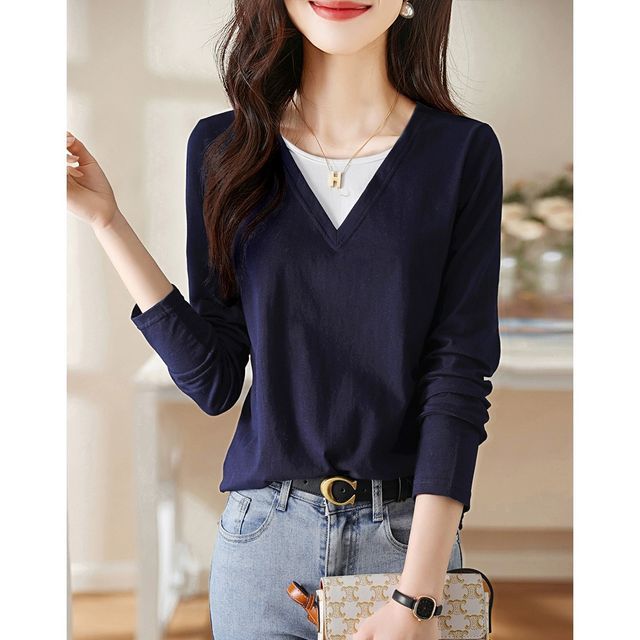 Jeonseon-Mock Two-Piece Long-Sleeve V-Neck Top