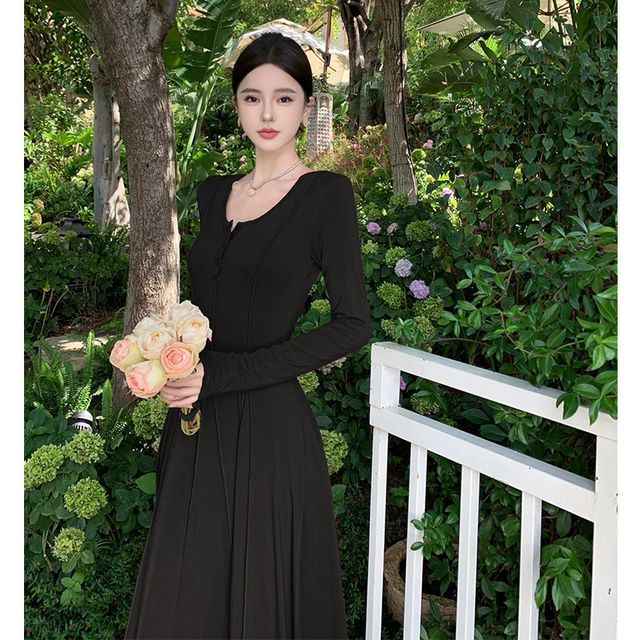 Flamivitoze - Long-Sleeve Henley Plain Panel Maxi A-Line