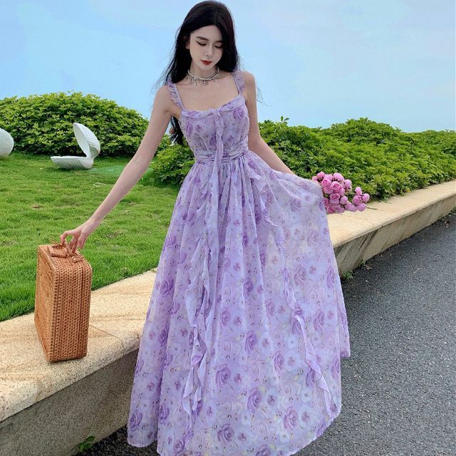 Pensacola - Spaghetti Strap Floral Print Maxi A-Line Dress | YesStyle