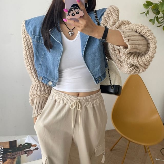 Jesong-Knit Sleeve Buttoned Denim Crop Jacket