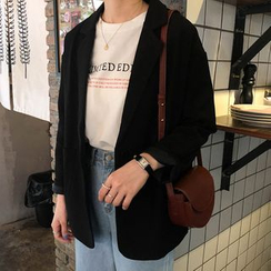 Dute - Camiseta de manga corta con letras / pantalones vaqueros de pernera ancha / blazer liso Dute - Camiseta de manga corta con letras / pantalones vaqueros de pernera ancha / blazer liso
