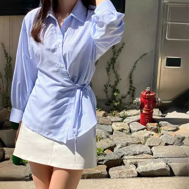 Daybreak-Striped Tie-Side Button-Up Shirt