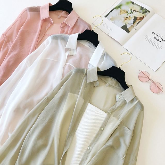 Shinsei-Long Sleeve Collared Plain Sheer Shirt
