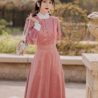 knee length dresses for ladies Korean Style] A-line Long Sleeve Knitted One Piece Black Dress – Ordicle