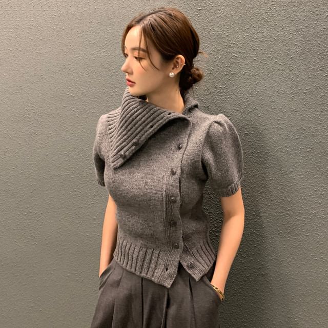 Janerium-Short-Sleeve Turtleneck Button-Up Plain Knit Top