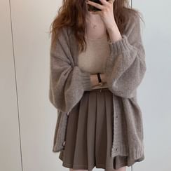 Long-Sleeve Collared Mock Two-Piece Two Tone Knit Panel Ribbed Blouse
