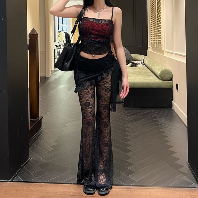 meadowdrop-Asymmetrical Drawstring See-Through Lace Crop Camisole Top Low Waist Ruffle Trim Flared Pants